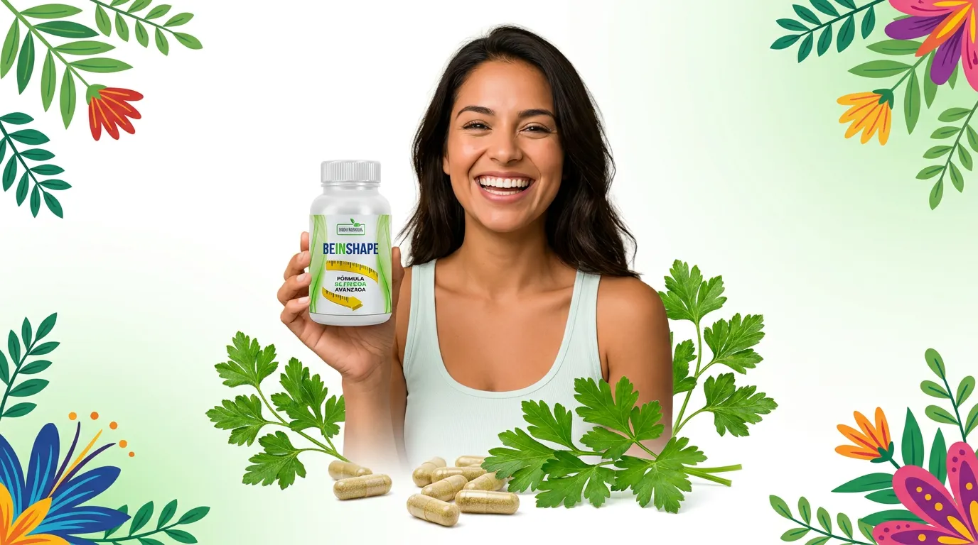 Mujer satisfecha sosteniendo BeInShape rodeada de ingredientes naturales