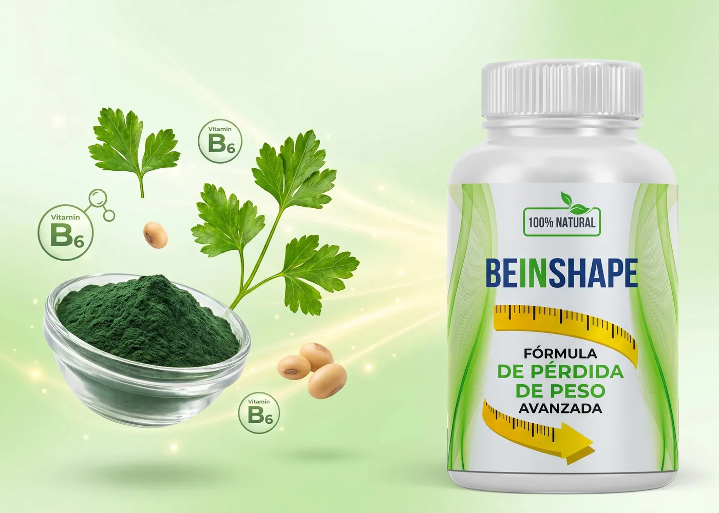 Espirulina, perejil, soja y vitamina B6 junto al frasco de BeInShape
